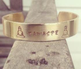 Brass Buddha Cuff with OM symbol on ends, Hand Stamped Yoga Bracelet, OM Bracelet, Mantra Design